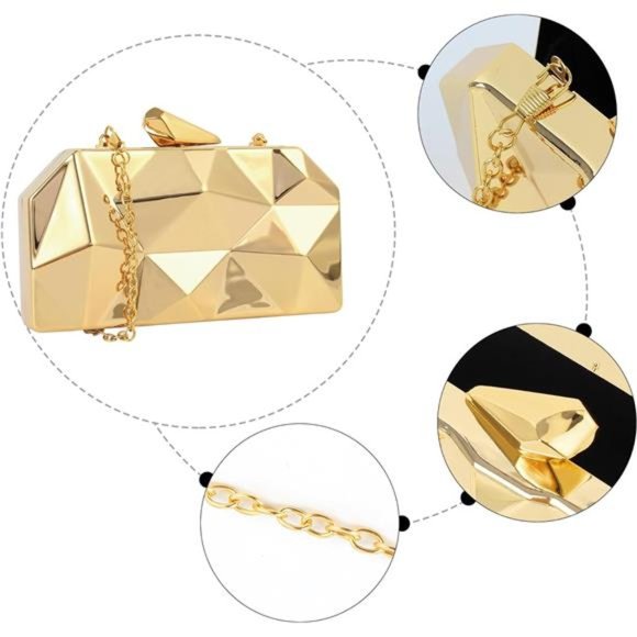 Women Lattice Pattern Metal Handbag Chain Geometric Evening Clutch Purse - Picture 3 of 6